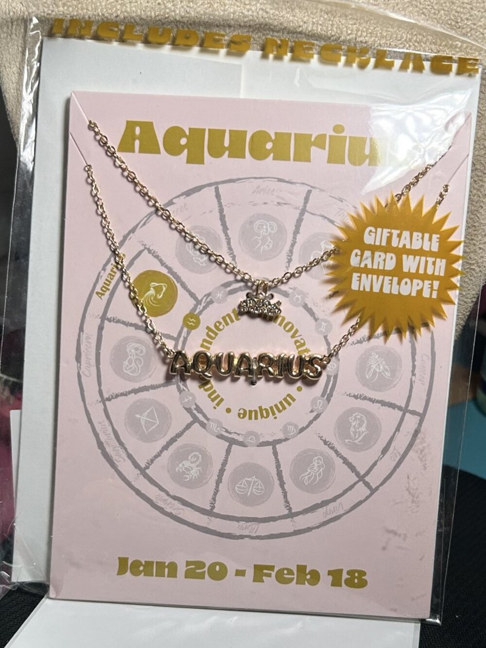 Aquarius Layered Zodiac Pendant Necklace NIP Giftable Card & Envelope